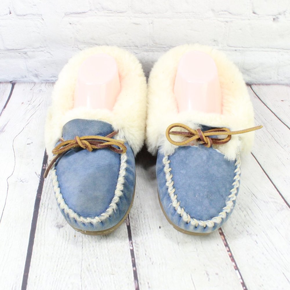 LL BEAN Women's Blue Shearling Lined Wicked Good Moccasin Slippers Size 7 M - Picture 5 of 10